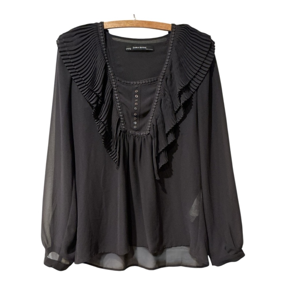 Zara Basic Dark Gray Pleated Ruffle Blouse Long S… - image 1